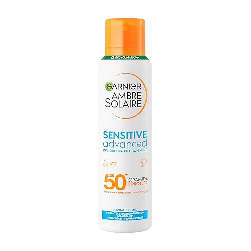 Garnier Ambre Solaire Sun Cream Spray SPF 50+ Sensitive Advanced Dry Mist, Water Resistant & Non Greasy Sunscreen, Fragrance Free, UVA & UVB Protection, 150ml