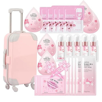 Skin Care Set For Teenagers Girls with Cute Mini Luggage,Sakura Skin Care Sets & Kits,Pamper Sets For Girls Gifts,Skincare Set,Serum,Cleanser,Sleep,Mud Mask,Lip Mask,Hair Pins (Cherry Blossoms-28PCS)