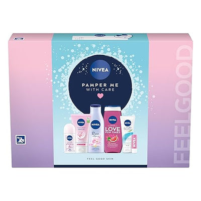 NIVEA Pamper Me With Care Gift Set (6 Products), Women's Gift Set with Shower Gel, Moisturising Cream, Body Lotion, Lip Balm, Anti-Perspirant Roll-On, and Cream Wash