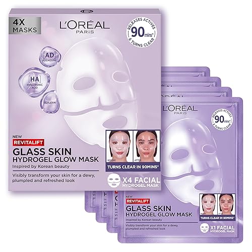 L'Oreal Paris Glass Skin Korean Face Mask 4 Pcs, Revitalift Filler Hydrogel Glow Mask, Korean Inspired Skincare, Visibly T...