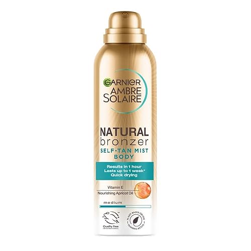 Garnier Ambre Solaire Fake Tan, Natural Bronzer Quick Drying Medium Self Tan Body Mist, Streak Free Fake Tan, Lasts Up to 1 week, Vegan Formula, Radient Glow For All Skin Types, 150ml (Pack of 1)