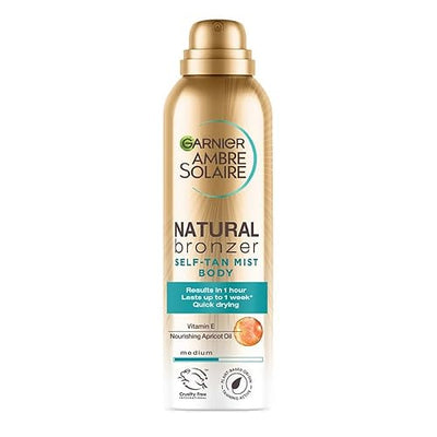 Garnier Ambre Solaire Fake Tan, Natural Bronzer Quick Drying Medium Self Tan Body Mist, Streak Free Fake Tan, Lasts Up to 1 week, Vegan Formula, Radient Glow For All Skin Types, 150ml (Pack of 1)