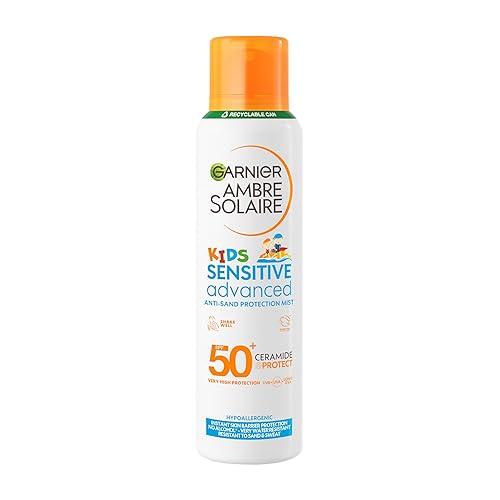 Garnier Ambre Solaire Sun Cream SPF 50+ Sensitive Advanced Kids Anti-Sand Sun Protection Mist Spray, Very High Protection UVA & UVB, Water Resistant, For Face & Body, Cruelty Free 150ml