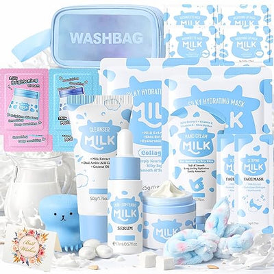 Large Capacity Luxury Milk Skincare Set For Kids | Complete Gentle Kids Skincare With Cleanser,Serum,Cream,Masks & Brush | Kids Pamper Sets For Girls | Travel Set & Birthday Gifts For Teenage Girls