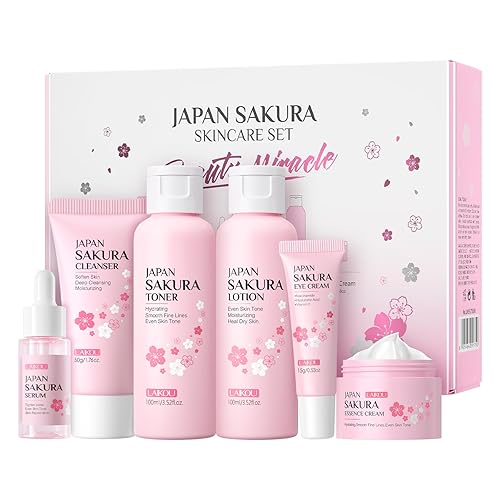 LAIKOU Skincare Set, JAPAN Sakura Skin Care Sets & Kits - Cleanser, Toner, Lotion, Serum, Eye Cream, Face Cream, Travel Gift Sets for Women Teenage Girls Mom Daughter, TSA-friendly Sizes 6pcs