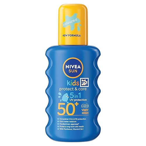 NIVEA SUN Kids Protect & Care SPF 50+ Coloured Spray (200ml), Sunscreen Protects Delicate Skin Against Sunburn and Long-Term UV Damage, Fast-Absorbing No White Cast Sun Lotion