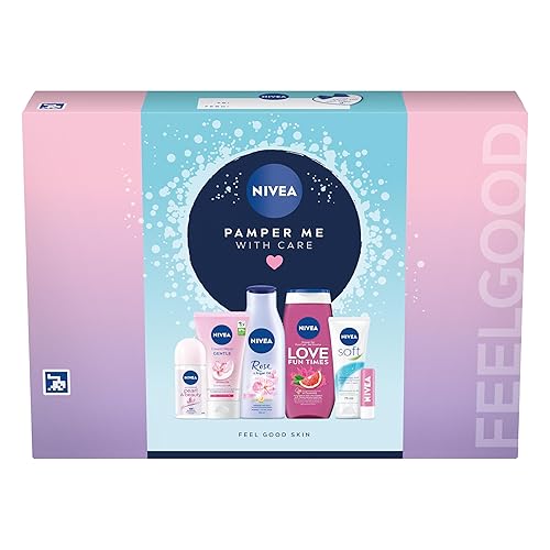 NIVEA Pamper Me With Care Gift Set (6 Products), Women's Gift Set with Shower Gel, Moisturising Cream, Body Lotion, Lip Balm, Anti-Perspirant Roll-On, and Cream Wash
