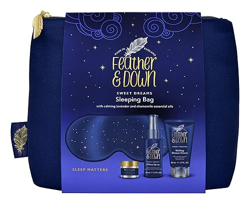 Feather & Down Sleeping Bag Gift Set (luxury eye mask, sleep balm, pillow spray and shower cream) - relaxation gift with calming lavender & chamomile essential oils perfect for Mothers Day