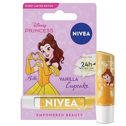 NIVEA Disney Princess Belle Limited Edition Vanilla Cupcake Lip Balm (4.8g), Unique Disney Princess Inspired Lip Balm for Kids, Contains Moisturising Shea Butter for 24 Hour Moisture