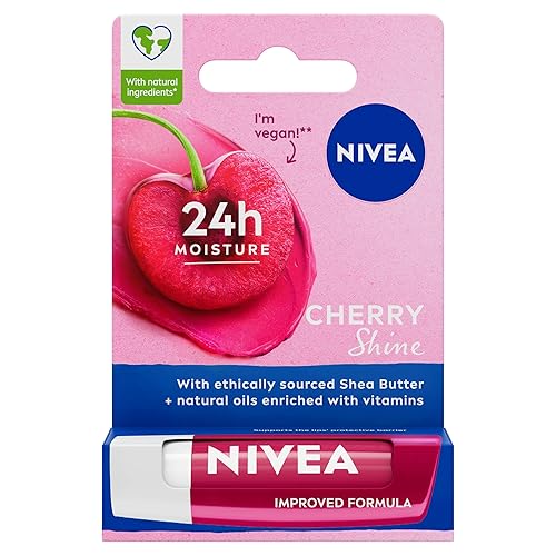 NIVEA Cherry Shine Lip Balm (4.8g), Flavoured Lip Balm with Shea Butter, Natural Oils and Vitamins, Provides 24h Moisture and a Soft Red Shine, Vegan Lip Care Formula