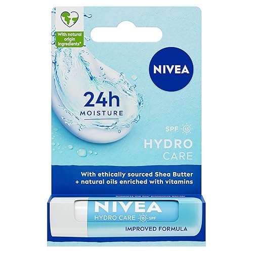 NIVEA Lip Balm Hydro Care with SPF 15 (4.8g), Hydrating Lip Balm with Shea Butter, Natural Oils and Vitamins, Provides 24 Hour Moisture and Protection